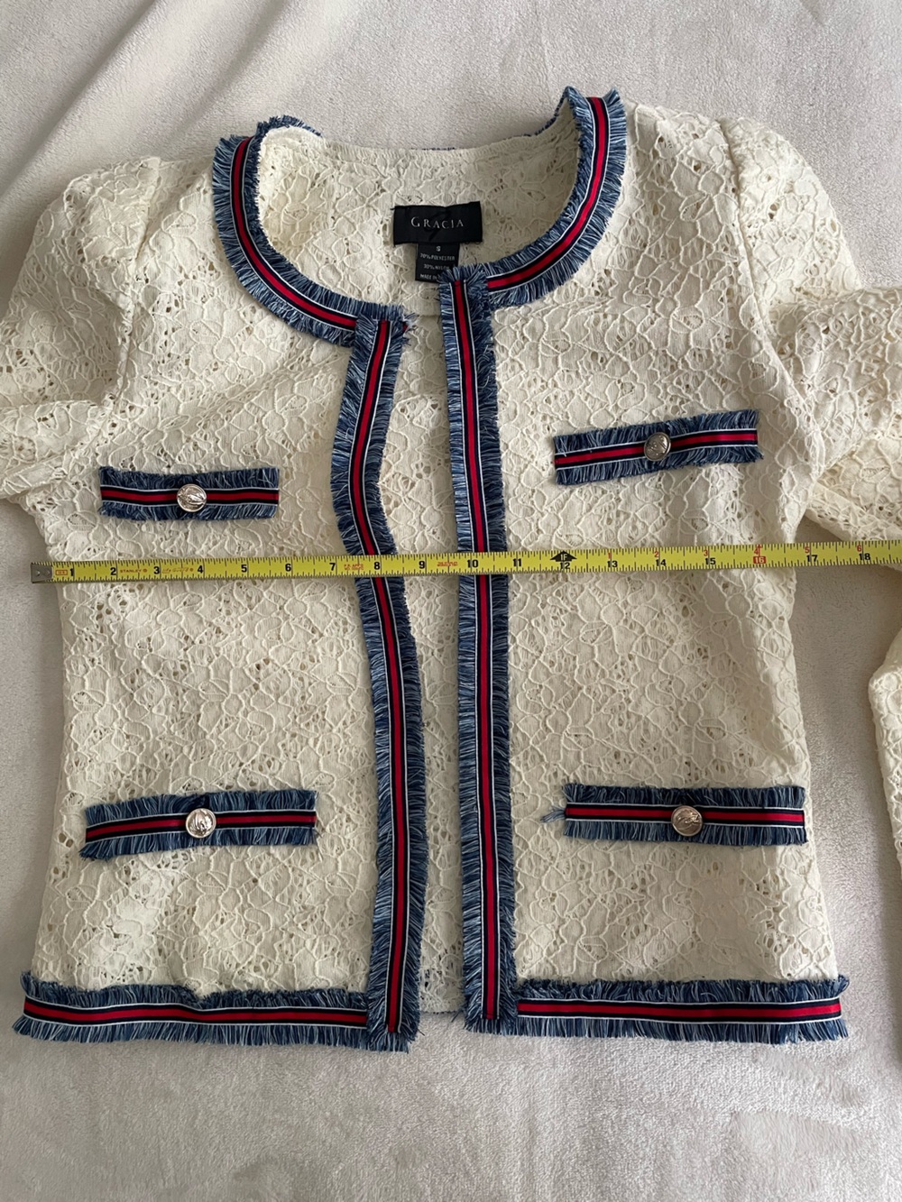 Gracia Cream Lace Tweed Jacket with Navy & Red Trim - Picture 6 of 9